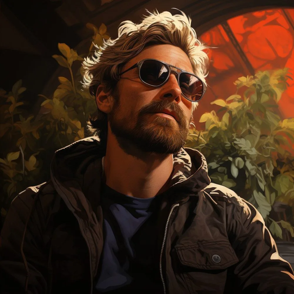 A close-up of Kyle Jaeger with cannabis plants in the background. Cannabis News by LeafyLeaks.com, Ai Generated image for Leafy Leaks.