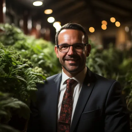 Mayor Steven M. Fulop with cannabis plants - Jersey City lawsuit news. Cannabis News by LeafyLeaks.com, Ai Generated image for Leafy Leaks.