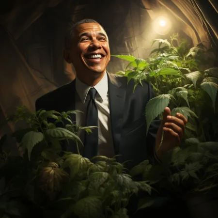 A close-up portrait of Senator Cory Booker with a cannabis plant in the background.