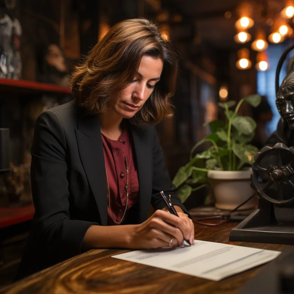 Close-up of Gov. Kathy Hochul reviewing loan program concerns in a New York cannabis dispensary. Cannabis News by LeafyLeaks.com, Ai Generated image for Leafy Leaks.