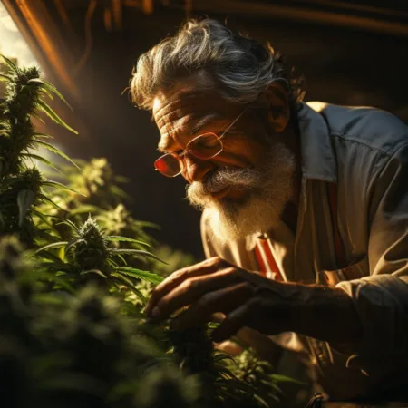 A close-up of Governor Albert Bryan Jr. inspecting healthy cannabis plants, smiling - Cannabis News by LeafyLeaks.com, Ai Generated image for Leafy Leaks