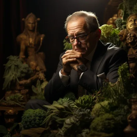 A close-up of Governor Mike DeWine in a contemplative pose, surrounded by thriving cannabis plants.