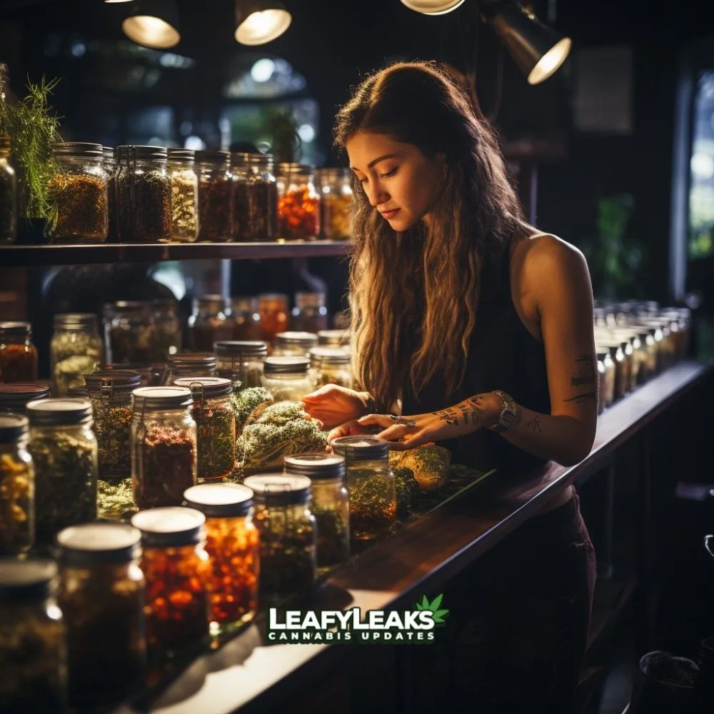 CBD Access: Person exploring a CBD dispensary. Cannabis News by LeafyLeaks.com, Ai Generated image for Leafy Leaks.