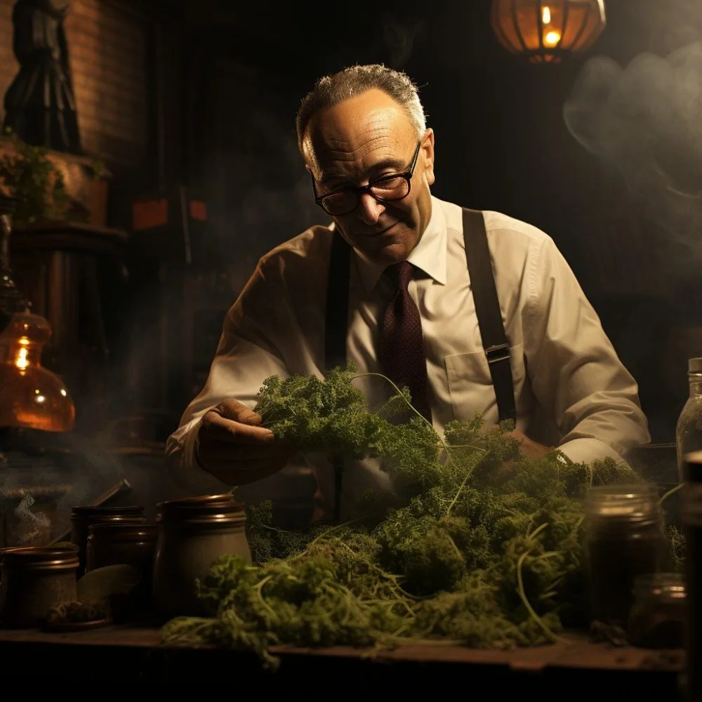 Alt Text: Chuck Schumer advocating for Marijuana Banking Legislation - Cannabis News by LeafyLeaks.com, Ai Generated image for Leafy Leaks
