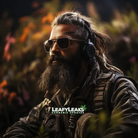 A military veteran finding solace among cannabis plants in a Missouri dispensary - Veterans Services. Cannabis News by LeafyLeaks.com, Ai Generated image for Leafy Leaks