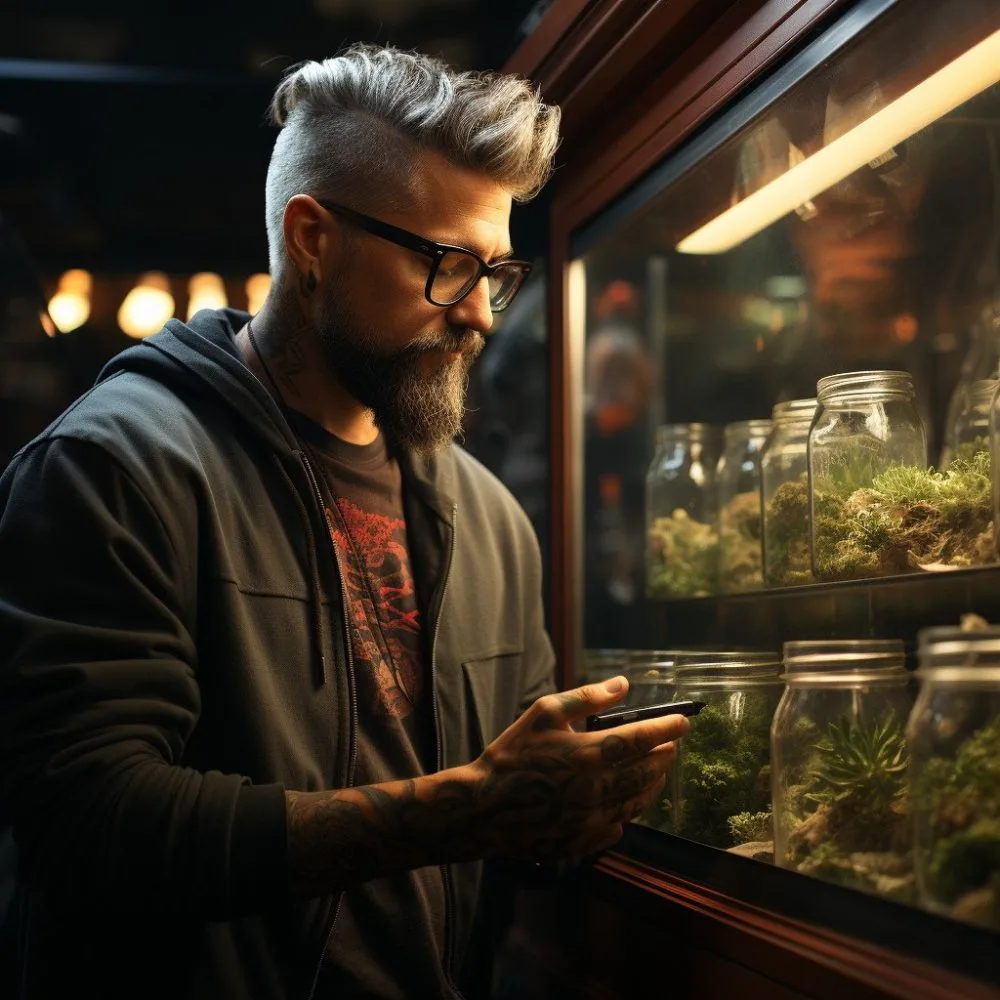 A person enjoying cannabis in a California cannabis dispensary. Cannabis News by LeafyLeaks.com, Ai Generated image for Leafy Leaks