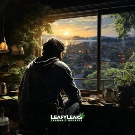 Study Reveals Marijuana Legalization Boosts Home Values A person enjoying cannabis in a cozy living room with a view of a thriving cannabis garden.