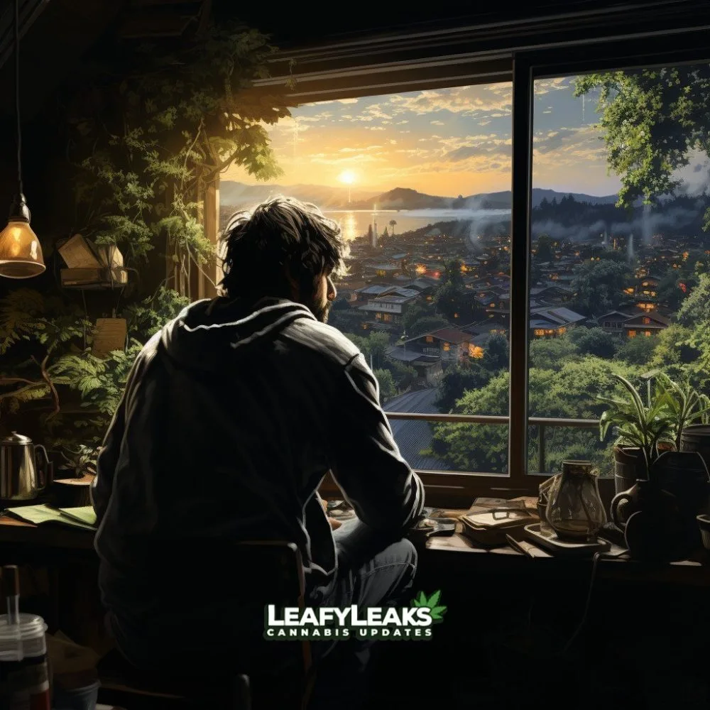 A person enjoying cannabis in a cozy living room with a view of a thriving cannabis garden.