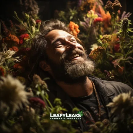 Marijuana Decriminalization news article featuring a person celebrating the reform with cannabis plants in Lubbock, Texas. Cannabis News by LeafyLeaks.com, Ai Generated image for Leafy Leaks.