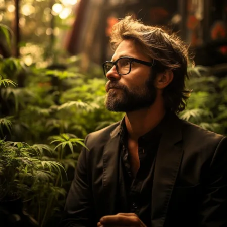 Democratic Presidential Candidate Dean Phillips Clarifies His Marijuana Comment About President Biden A realistic image of Dean Phillips at a cannabis-related event surrounded by lush greenery and cannabis plants