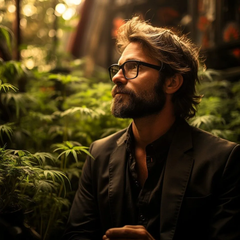 A realistic image of Dean Phillips at a cannabis-related event surrounded by lush greenery and cannabis plants