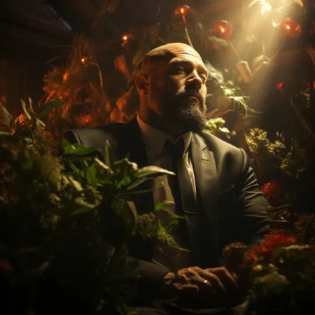 Senator John Fetterman in a lush cannabis field - Cannabis News by LeafyLeaks.com, Ai Generated image for Leafy Leaks