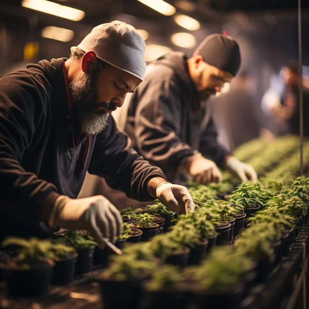Craft Cannabis Growers in Illinois cultivating marijuana plants in a greenhouse. Cannabis News by LeafyLeaks.com, AI Generated image for Leafy Leaks.