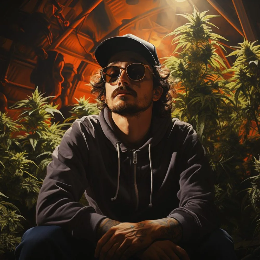 Image of Joshua Haus, a pardoned cannabis offender in Wisconsin, surrounded by marijuana plants. Cannabis News by LeafyLeaks.com, Ai Generated image for Leafy Leaks.