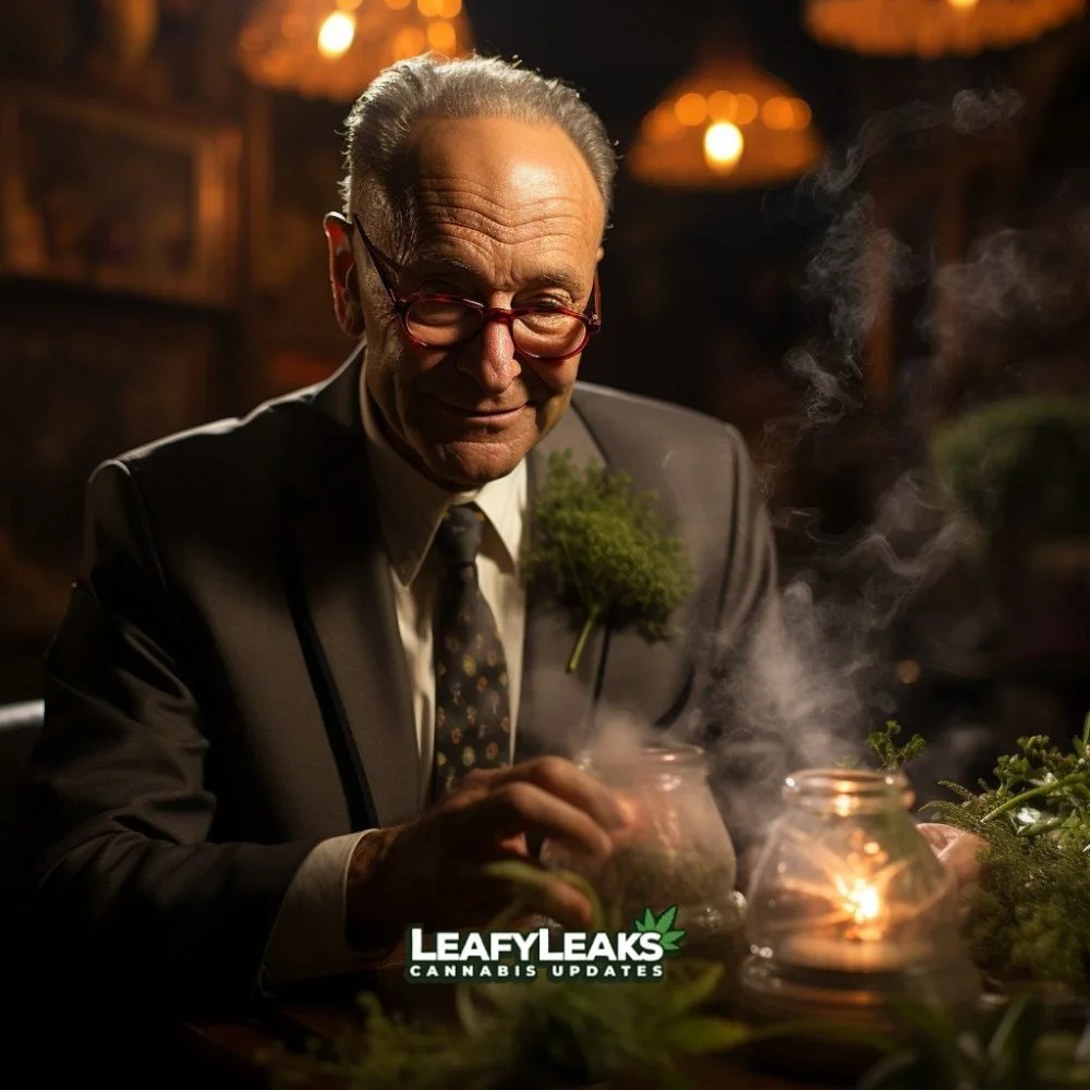 A close-up image of Chuck Schumer discussing Cannabis News and Criminal Justice Provisions on LeafyLeaks.com