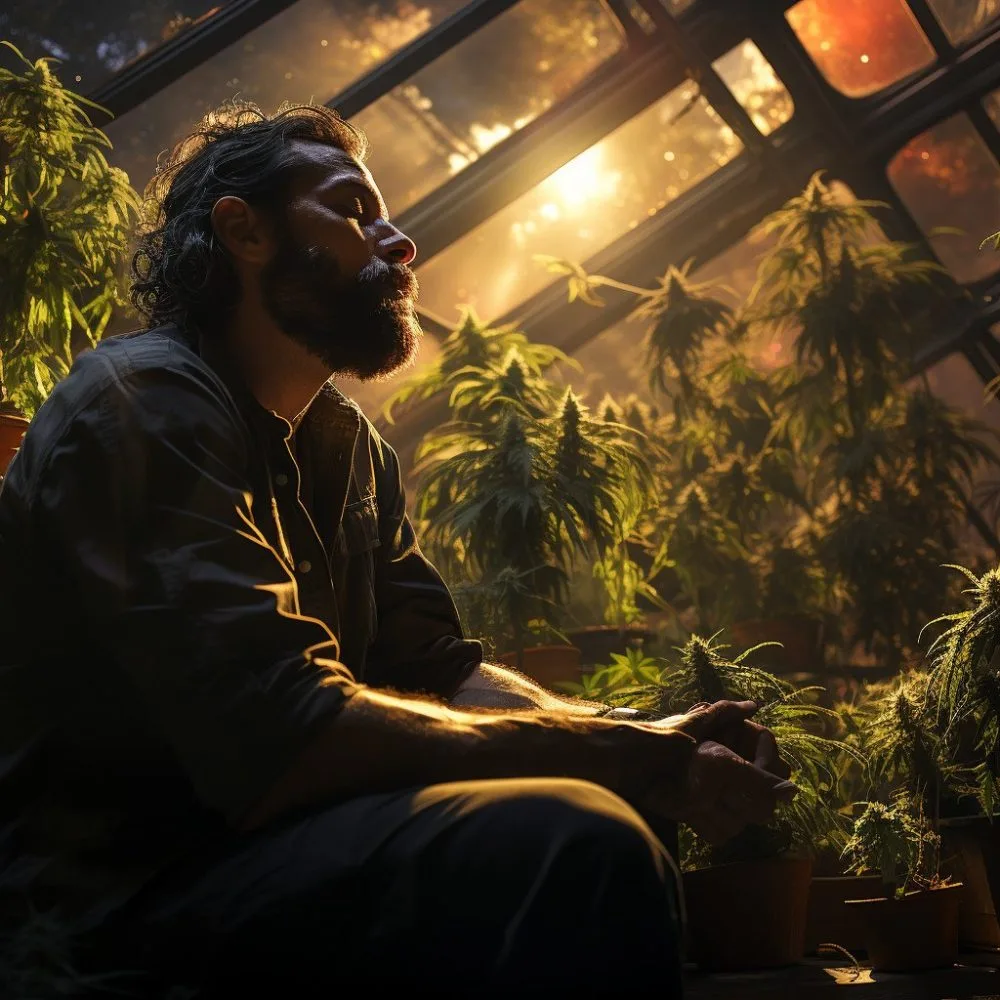 A military veteran in a serene cannabis garden.