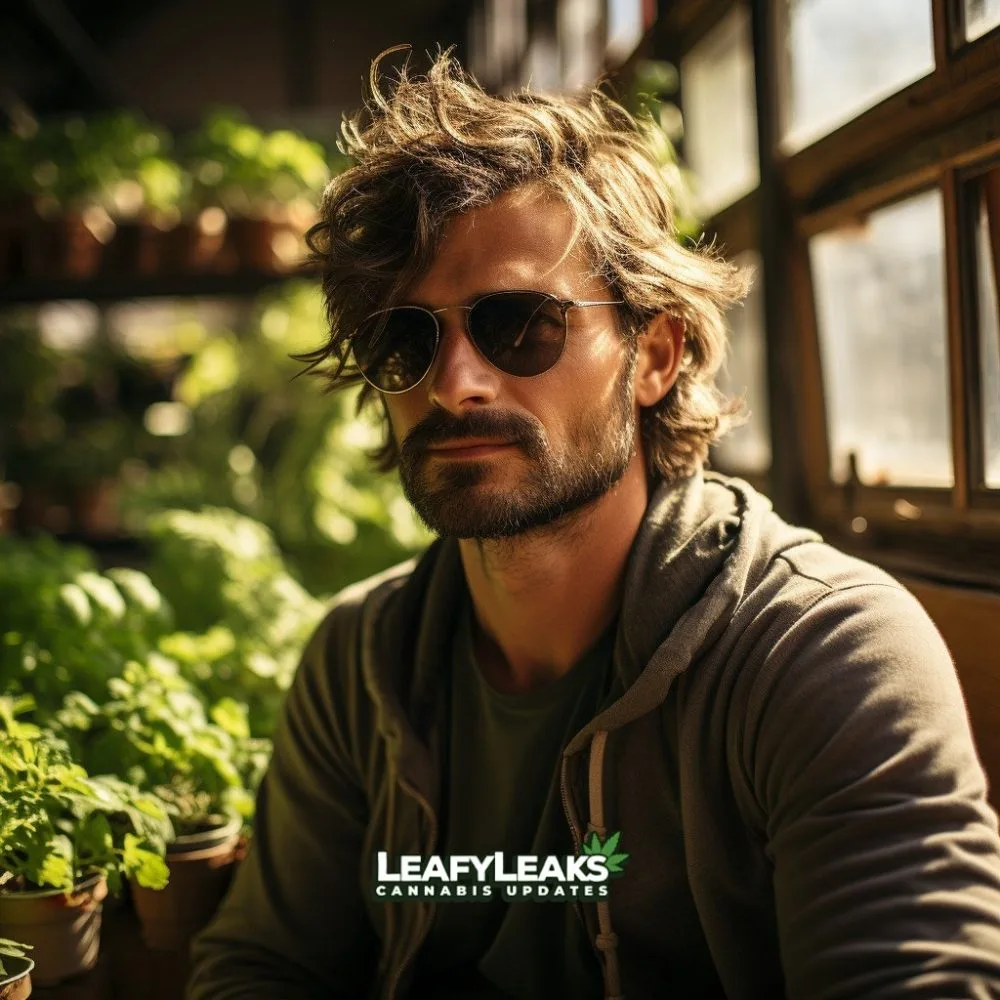 A close-up of Ben Adlin surrounded by cannabis plants, FDA Marijuana Research - Cannabis News by LeafyLeaks.com, Ai Generated image for Leafy Leaks