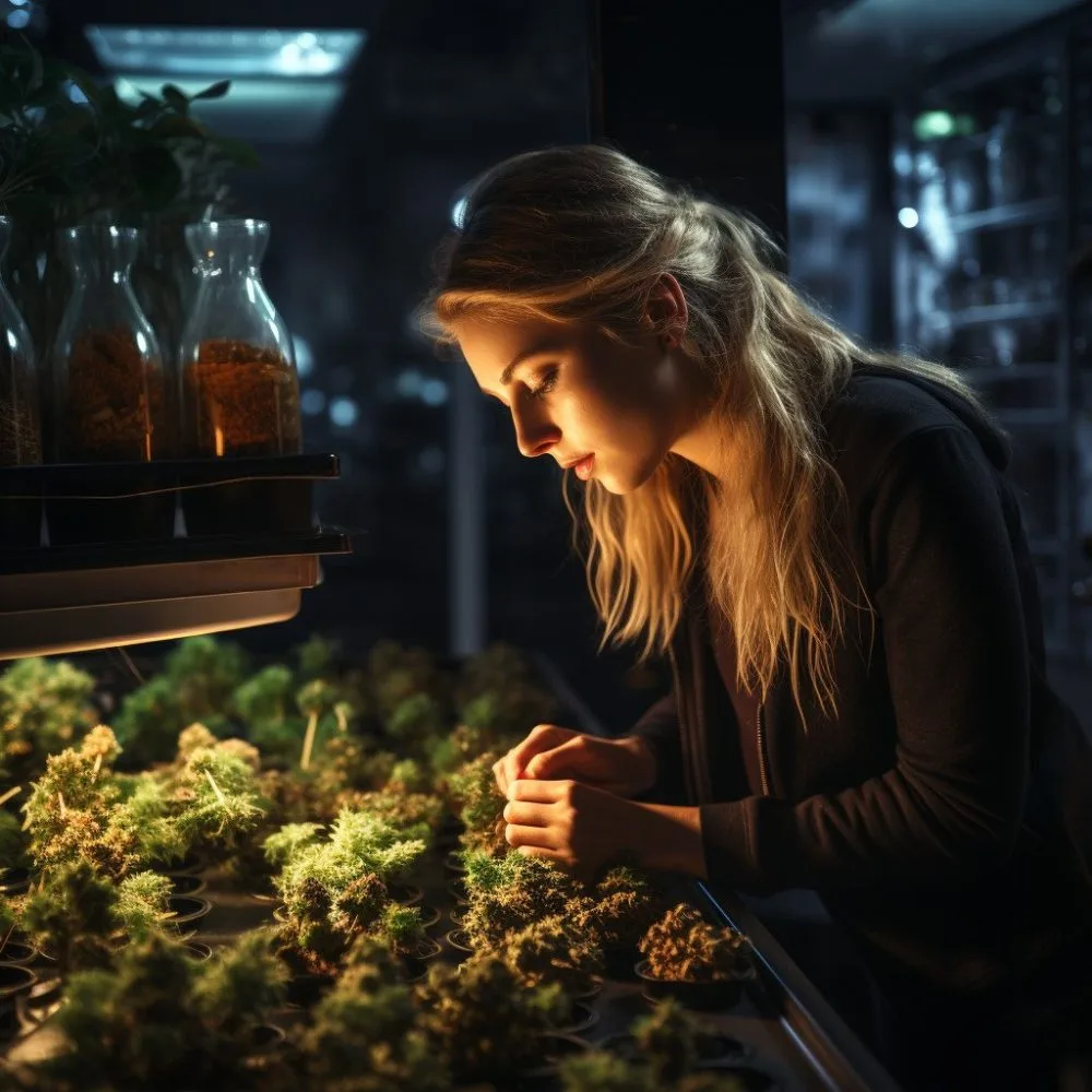 A cannabis testing professional inspecting a marijuana sample under bright lights - Cannabis News by LeafyLeaks.com, Ai Generated image for Leafy Leaks