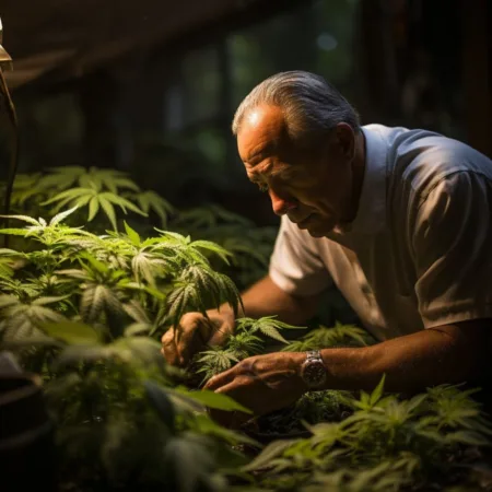New Jersey Governor Considers Legalizing Marijuana Home Grow A vibrant cannabis garden in New Jersey with Governor Phil Murphy overseeing the lush plants - Cannabis News by LeafyLeaks.com, Ai Generated image for Leafy Leaks