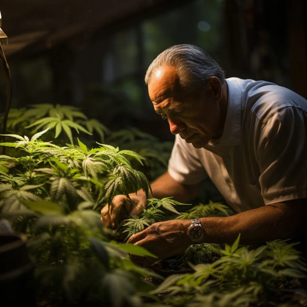 A vibrant cannabis garden in New Jersey with Governor Phil Murphy overseeing the lush plants - Cannabis News by LeafyLeaks.com, Ai Generated image for Leafy Leaks