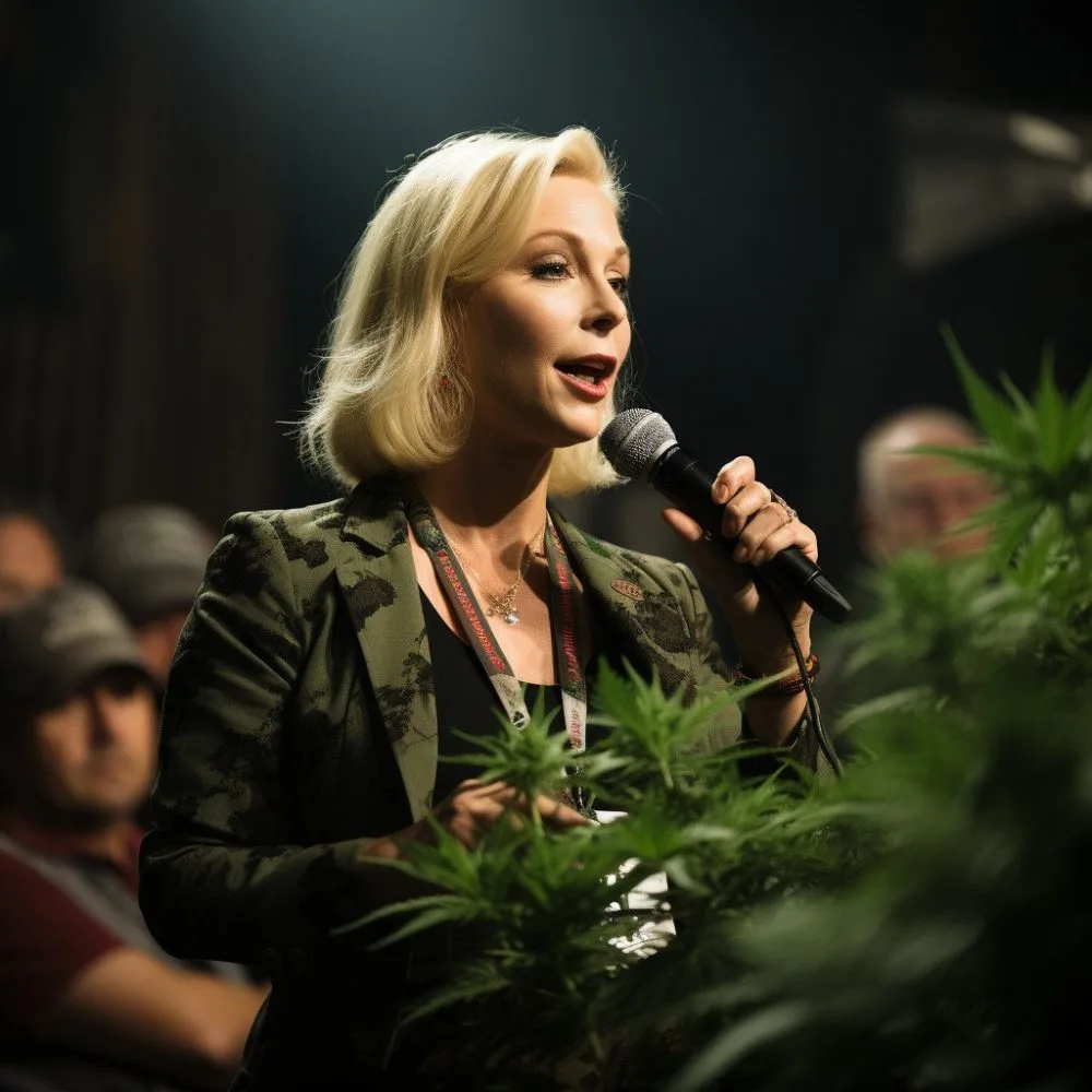 Senator Kirsten Gillibrand passionately advocating for Reschedule Marijuana - Cannabis News by LeafyLeaks.com, Ai Generated image for Leafy Leaks