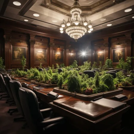 A close-up of Colombian Senate chambers with senators discussing the Marijuana Legalization Delay. Realistic, well-lit, artistic. Cannabis News by LeafyLeaks.com, Ai Generated image for Leafy Leaks.