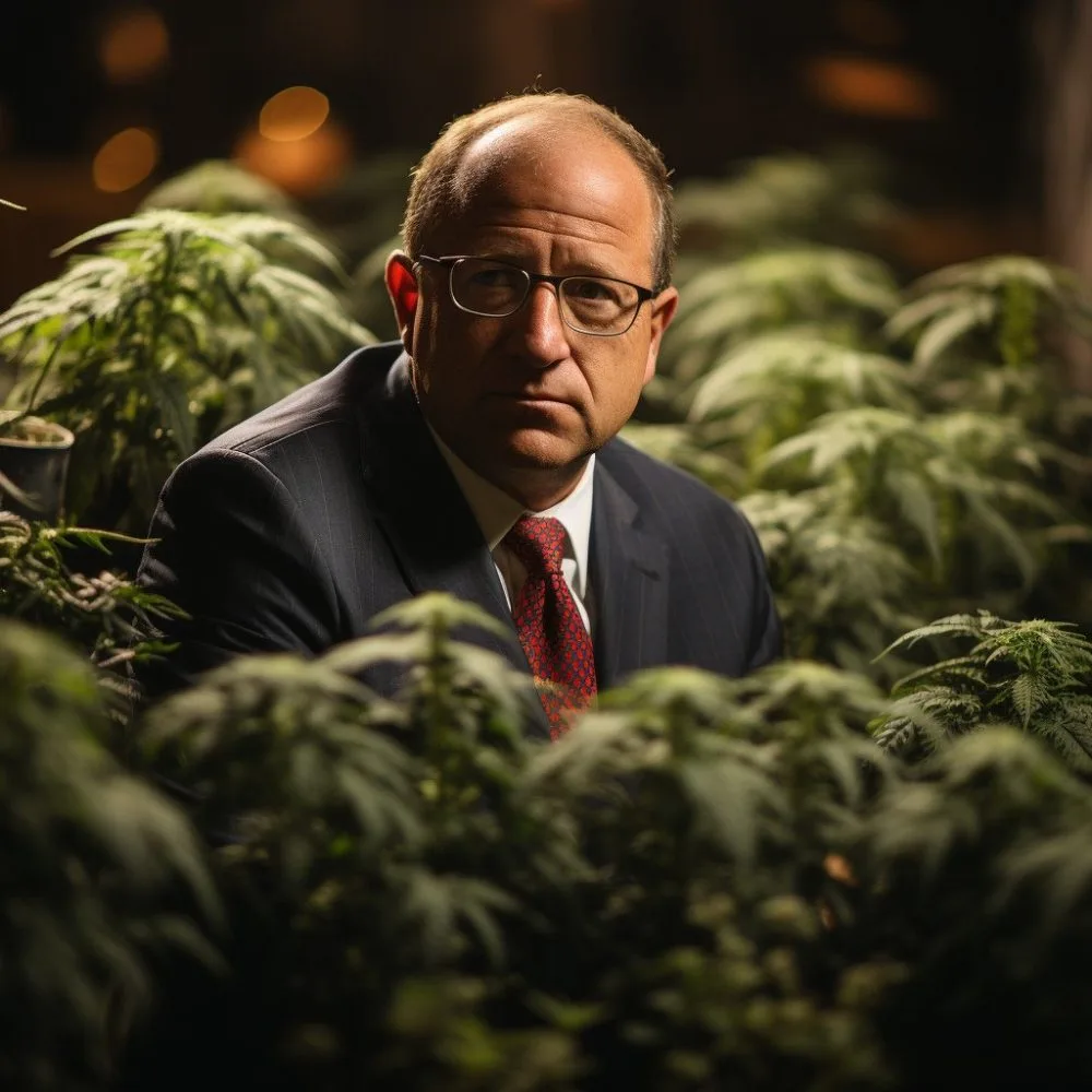 A close-up of Governor Jared Polis with cannabis plants in the background.