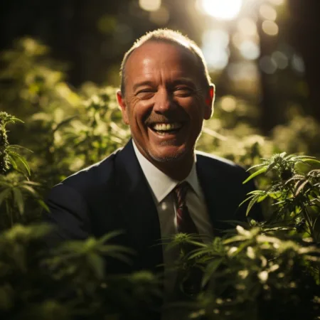 New Jersey Allocates $15 Million for Community Violence Intervention, Funded by Marijuana Taxes A close-up of Governor Phil Murphy inspecting cannabis plants in a New Jersey field. Cannabis News by LeafyLeaks.com, Ai Generated image for Leafy Leaks