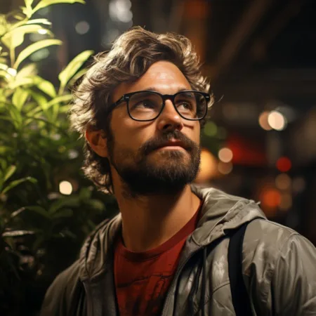 A close-up of Kyle Jaeger with a cannabis plant in the background. Cannabis News by LeafyLeaks.com, Ai Generated image for Leafy Leaks