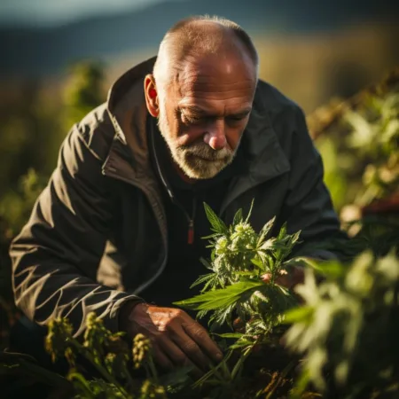 Montana Judge Hears Arguments Over Governor’s Veto Of Marijuana Revenue Bill – Legal Battle Unfolds A close-up of Montana Governor Greg Gianforte inspecting cannabis plants.
