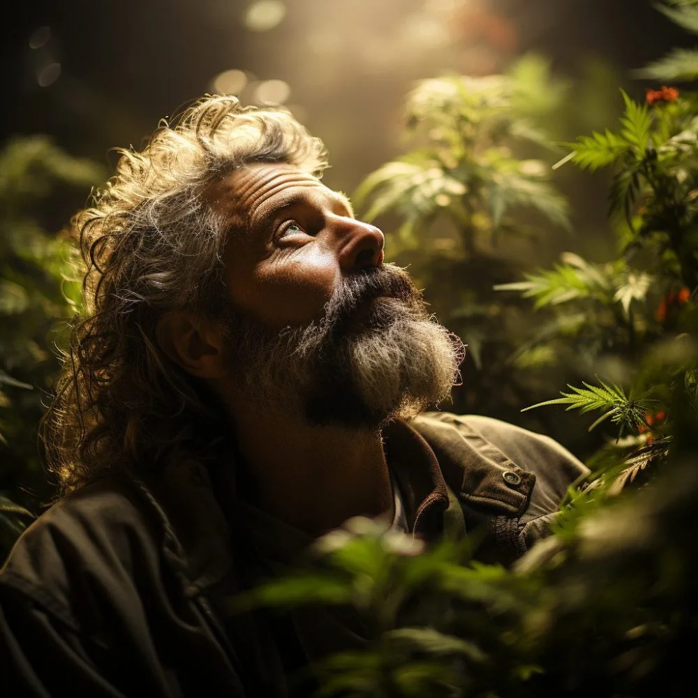 A medical cannabis patient enjoying a moment in a cannabis garden, Cannabis News by LeafyLeaks.com