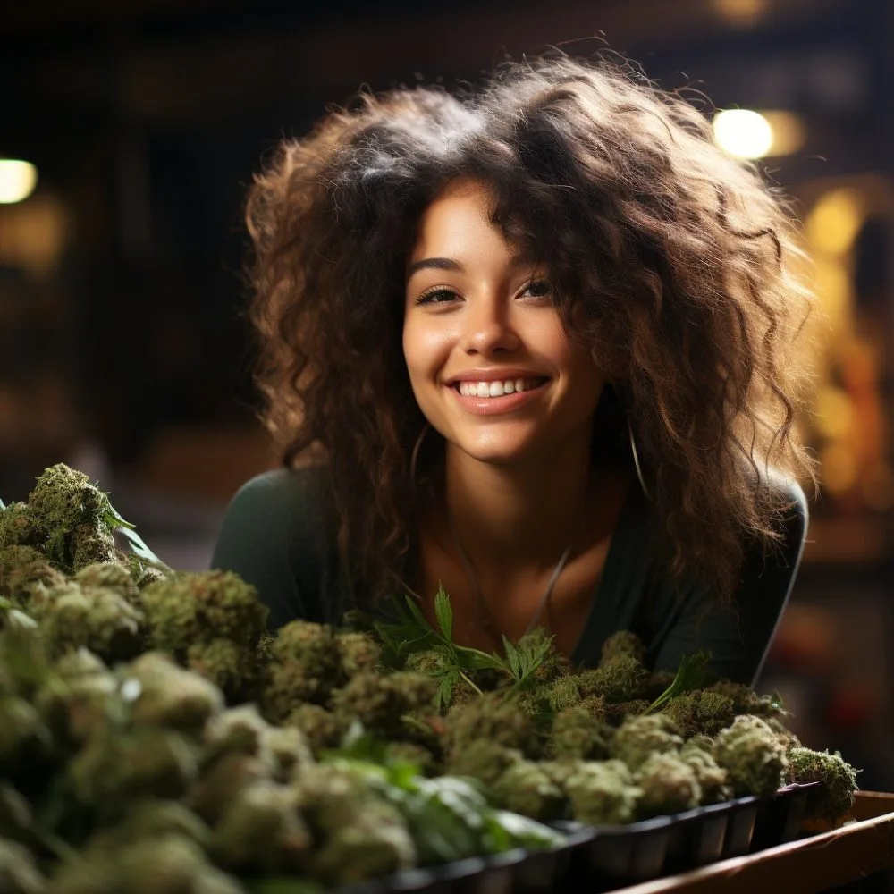A close-up of a smiling person enjoying Legal Marijuana Sales in Connecticut. Cannabis News by LeafyLeaks.com, Ai Generated image for Leafy Leaks