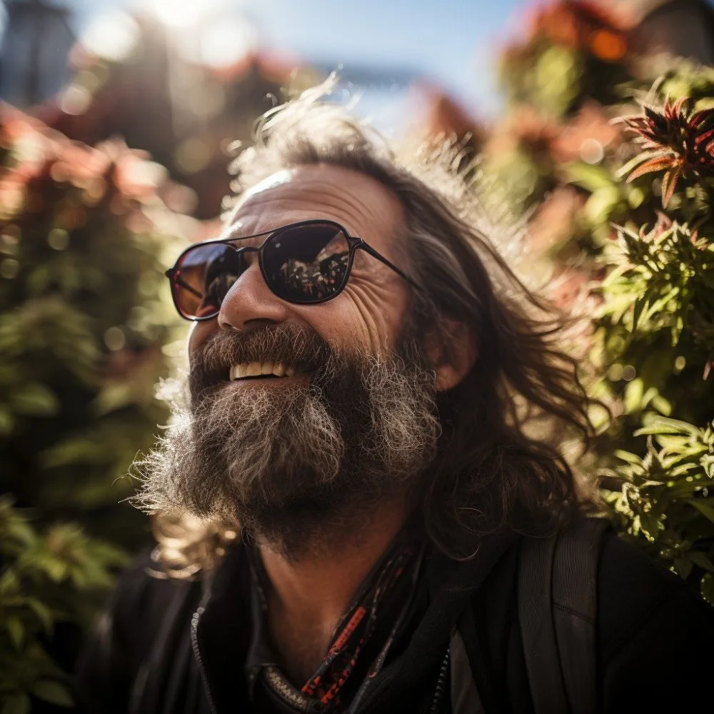 Close-up portrait of Dave Hodges, campaign organizer of the Psychedelic Legalization Initiative, in a cannabis field.