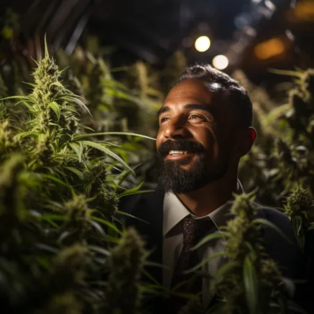 Rhode Island Marijuana Advocates Push for Legalization Law Changes Close-up of Rep. David Morales surrounded by lush cannabis plants in a Rhode Island dispensary.