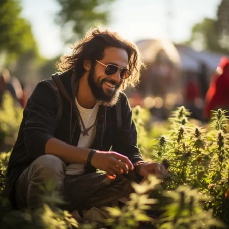 A person enjoying cannabis in a Missouri park. Realistic, well-lit, artistic, Canon EOS 5D Mark IV DSLR. Cannabis News by LeafyLeaks.com, Ai Generated image for Leafy Leaks.