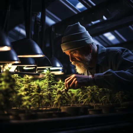 A person inspecting cannabis plants in a cultivation facility