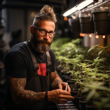 Cleveland Updates Pre-Employment Drug Testing Policies Amid Ohio Marijuana Legalization A professional in Cleveland's cannabis industry surrounded by lush marijuana plants, showcasing the city's evolving drug testing policies.