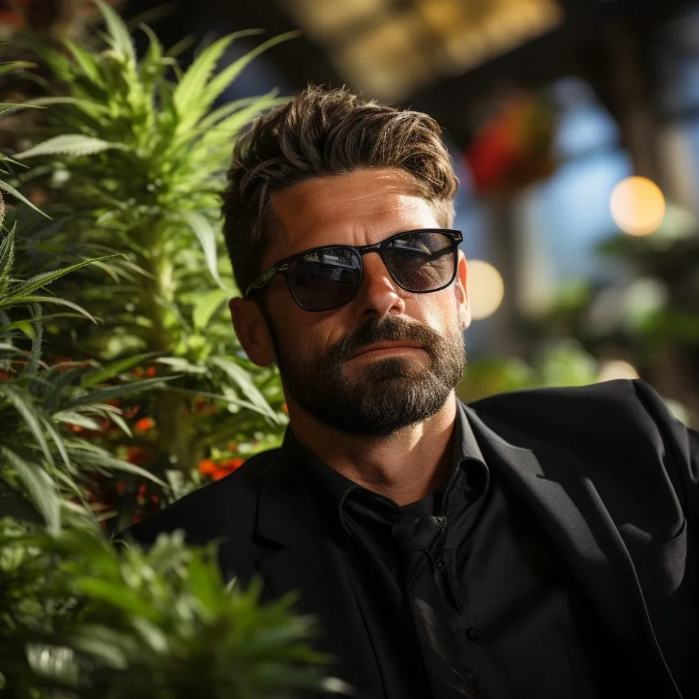 Medical Marijuana Company - Nick Garulay, CEO of My Florida Green in a cannabis setting. Cannabis News by LeafyLeaks.com, Ai Generated image for Leafy Leaks.