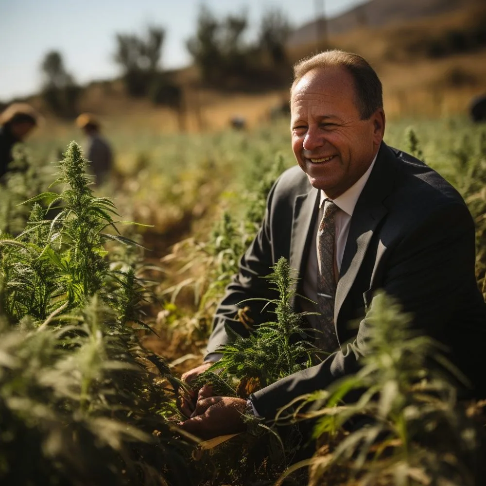 A realistic image of Governor Jared Polis supporting cannabis legalization with a cannabis field backdrop.