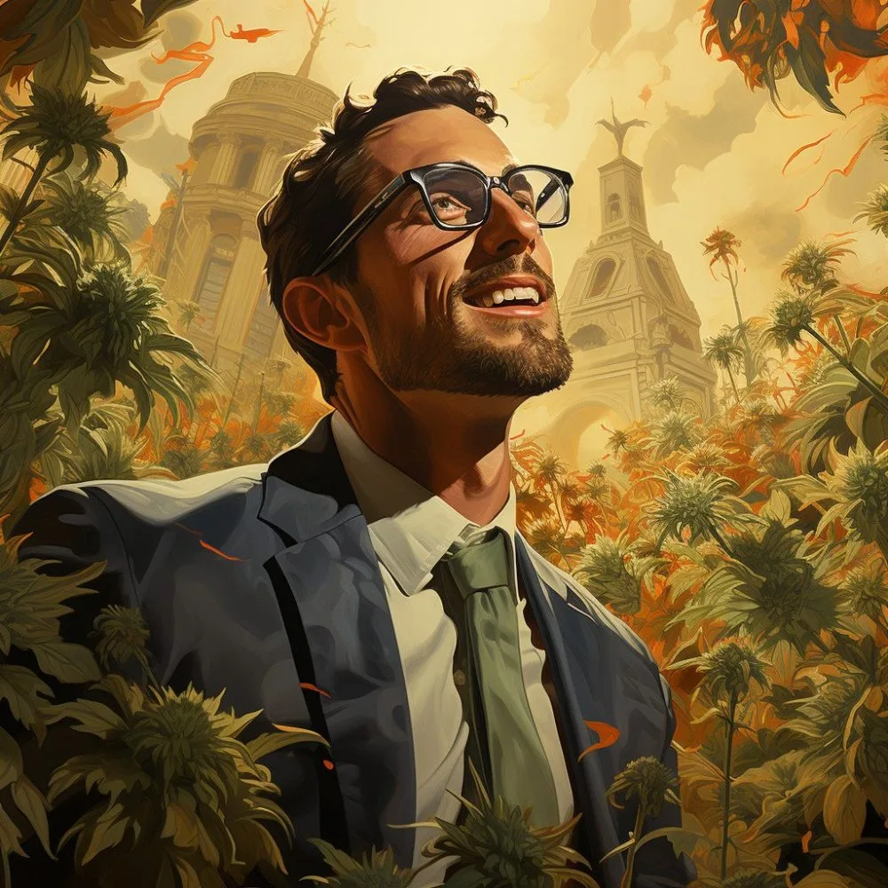Senator Scott Wiener in a California cannabis field with thriving plants - Cannabis News by LeafyLeaks.com, Ai Generated image for Leafy Leaks