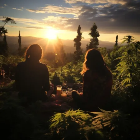 A serene PTSD therapy session in a lush cannabis garden. Realistic, natural, therapeutic, cannabis plants, peaceful setting. Cannabis News by LeafyLeaks.com, Ai Generated image for Leafy Leaks.
