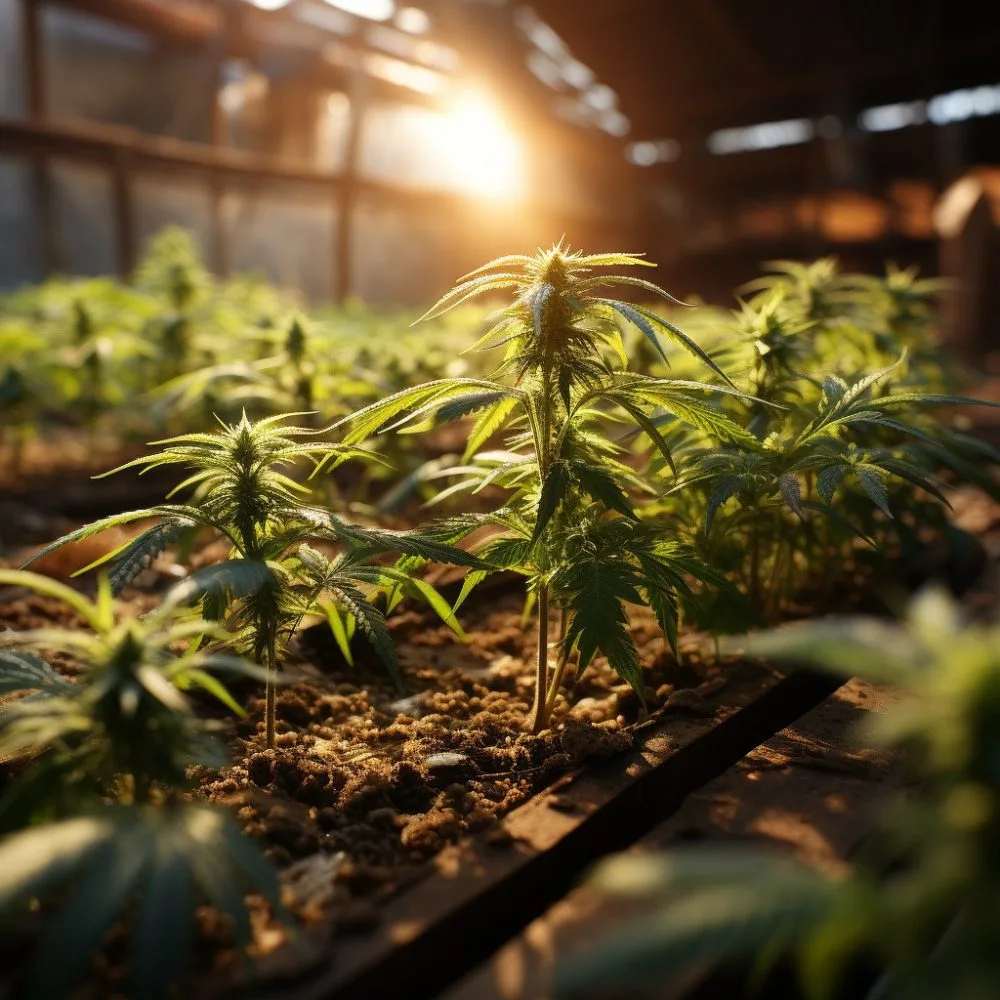 A serene cannabis garden with lush green plants, bathed in natural light. Cannabis News by LeafyLeaks.com, Ai Generated image for Leafy Leaks.