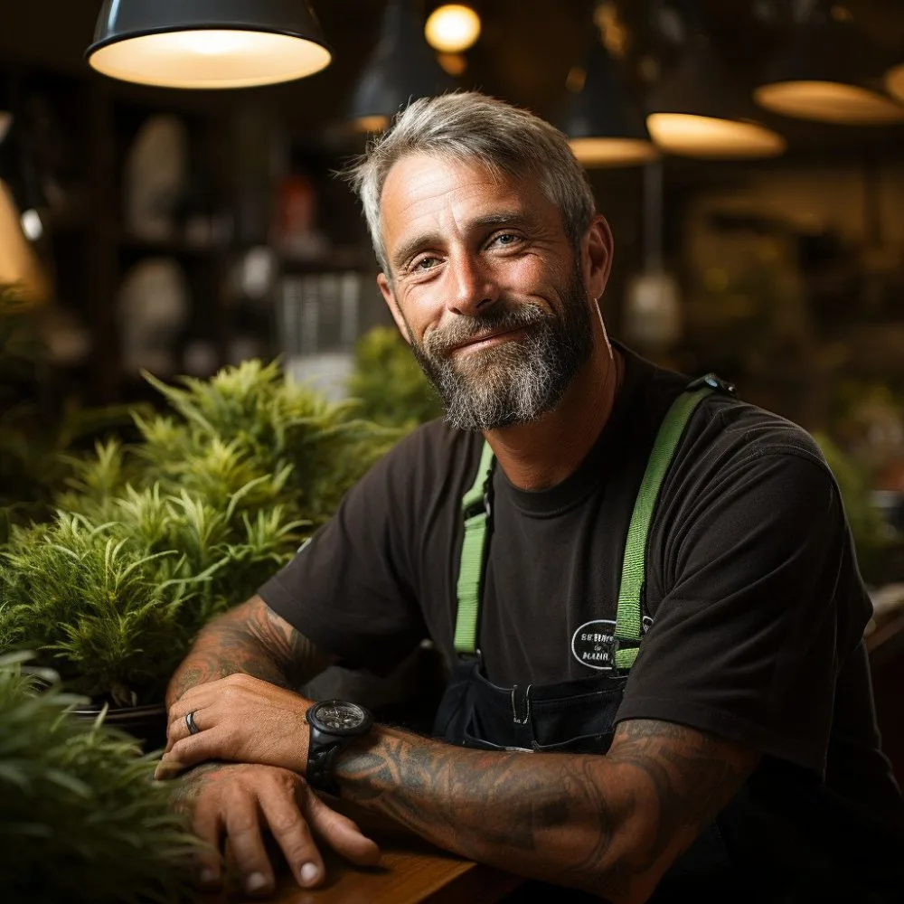 Andrew Nussbaum, a dedicated cannabis worker, in a Missouri dispensary setting, representing the cannabis labor movement. Cannabis News by LeafyLeaks.com, Ai Generated image for Leafy Leaks.