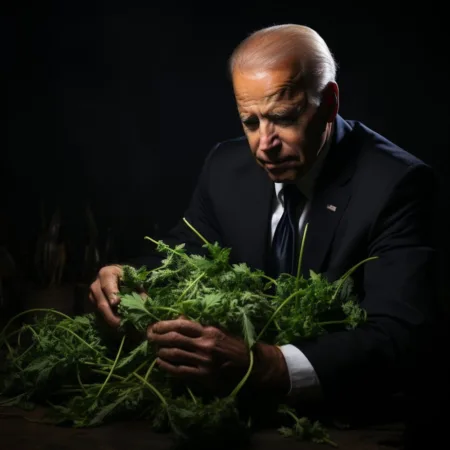 Hunter Biden’s Defense Challenges Federal Gun Law Over Marijuana Use Hunter Biden with cannabis plant and firearm - Federal Gun Law in focus - Cannabis News by LeafyLeaks.com, Ai Generated image for Leafy Leaks