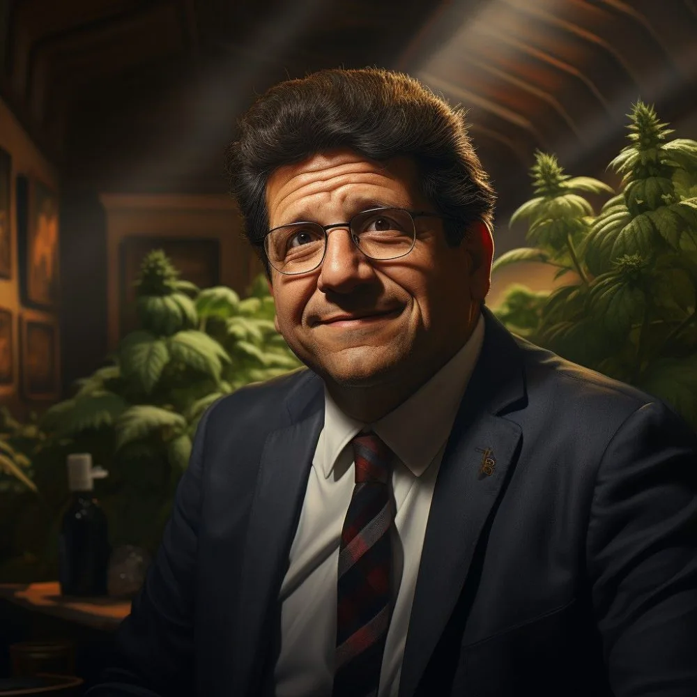 Close-up of Governor J.B. Pritzker with a cannabis leaf background