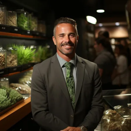 A vibrant cannabis dispensary in Virginia with Senator Adam Ebbin - Cannabis News by LeafyLeaks.com, Ai Generated image for Leafy Leaks