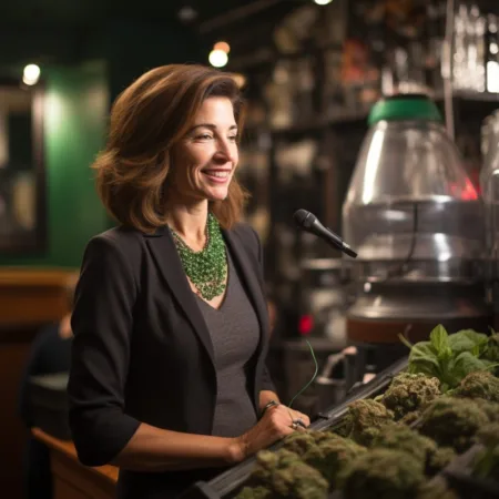 A close-up of Governor Kathy Hochul in a vibrant cannabis dispensary, showcasing the state's new Marijuana Shops December.