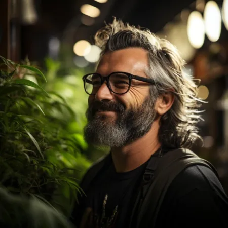 Alt text: Cannabis Sales Arizona - A smiling dispensary owner surrounded by marijuana plants. Cannabis News by LeafyLeaks.com, Ai Generated image for Leafy Leaks.