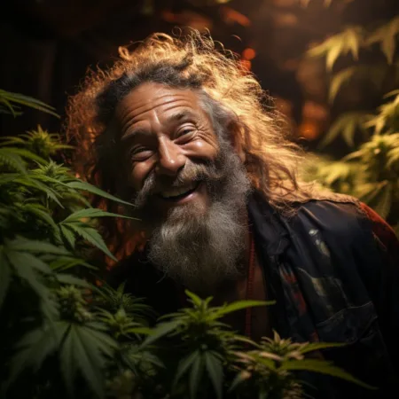 An Ohioan celebrating marijuana legalization amidst vibrant cannabis plants.