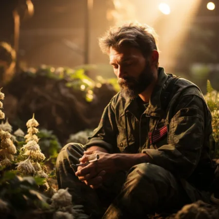 Veterans Groups Urge Timely Marijuana Scheduling Review and Broader Reform A military veteran using cannabis for therapy in a natural setting - Cannabis News by LeafyLeaks.com, Ai Generated image for Leafy Leaks